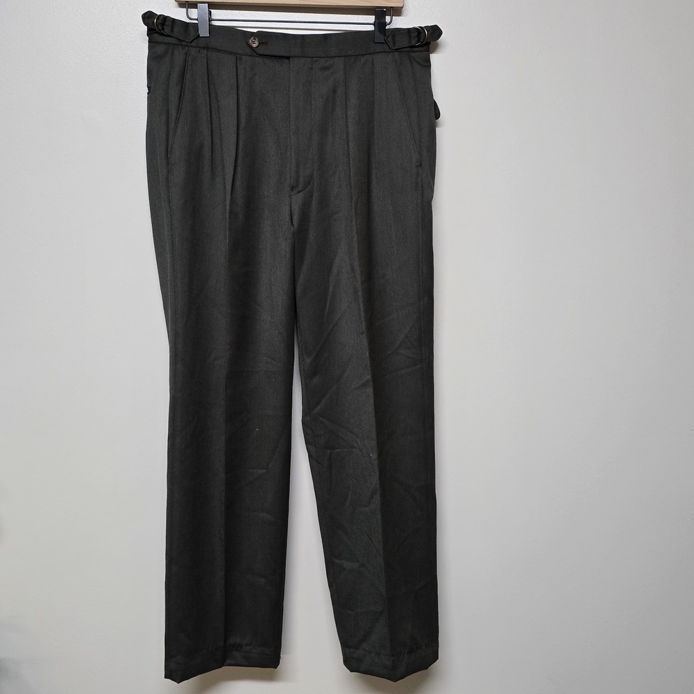 Paul Stuart Men's Gray Pleated 100% Wool Twill Dress Pants Sz 33R Side Belts